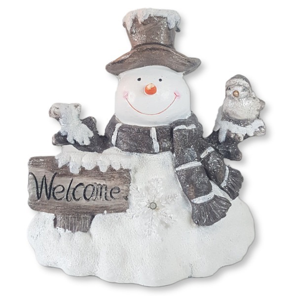 Sneeuwpop welcome kerstbeeld (vooraanzicht)