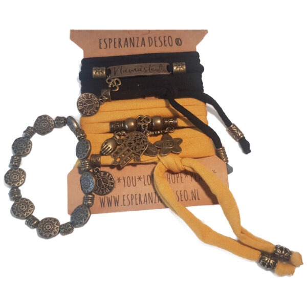 Ganesha Namaste dubbele wikkelarmband enkelband ketting (oker/zwart)