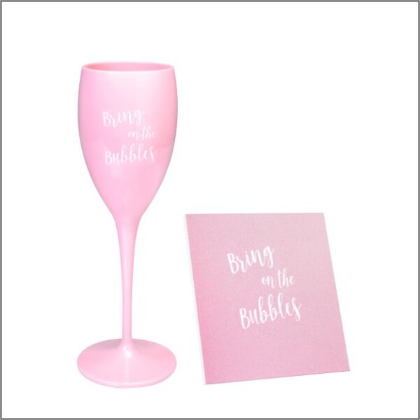 Bubbles champagneglas Wijndag wijnglas en onderzetter roze