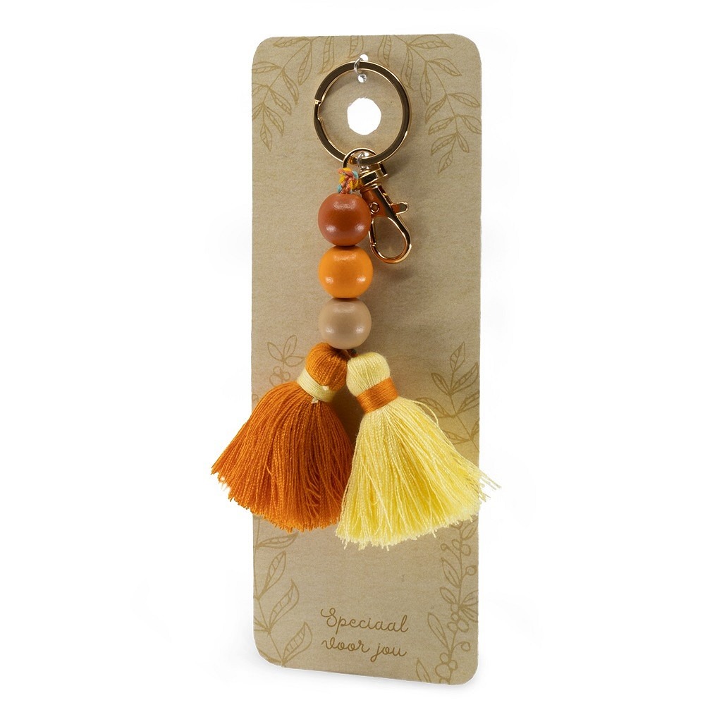 Stylish design sleutelhanger met kralen en kwasten (oker) 1 Stylish design sleutelhanger met kralen en kwasten (oker)